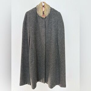 Wool Blend Cape Coat with Faux Shearling Collar - Gray